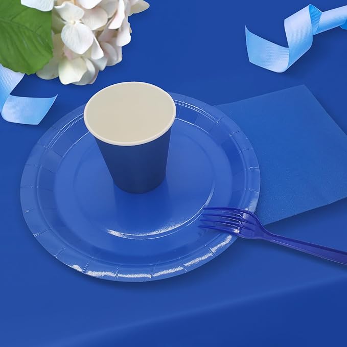 Severs 25 Guests Blue Party Supplies Set Include 9-inch Blue Paper Plates Cups Napkins and Tablecloth,Disposable Dessert Plates for Wedding Birthday