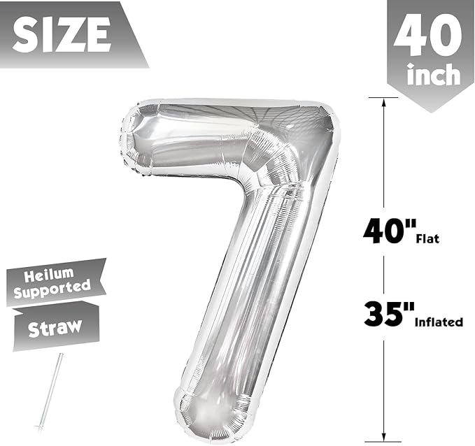 40 Inch Silver Number 7 Balloon, Giant 7 Number Balloons for 7th Birthday Decorations, Party Supplies for Baby Boy Girl, Silver Party Decor