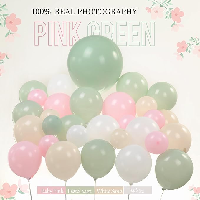 Pastel Pink and Green Balloon Garland Arch Kit 143 Pcs Light Pink Sand White mint Sage Green Balloons for Girl Baby Shower spring Fairy Girls 1st Birthday Party Decorations