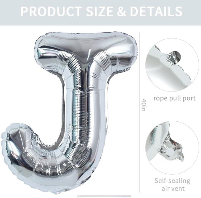 TONIFUL 40 Inch Large Silver Letter J Balloons Helium Balloons,Foil Mylar Big Letter Balloons for 2026 New Year Eve Graduation Wedding Baby Shower Birthday Party Anniversary Supplies Decorations