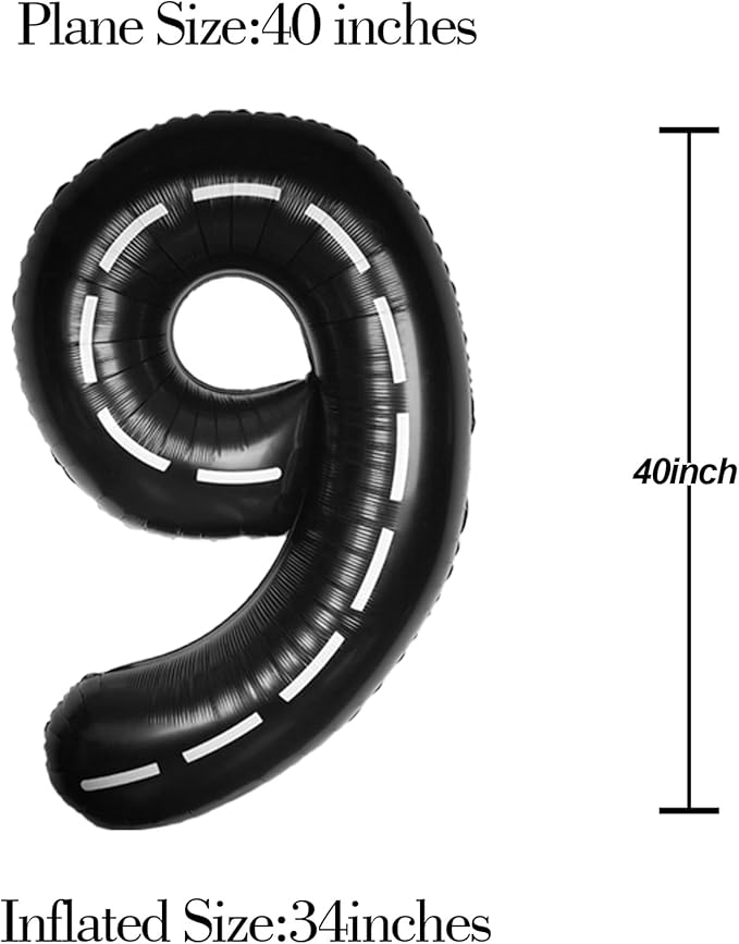 Race Car 40Inch Black 9 Balloon Number Large Helium Race Track 0-9 Giant Digital 9th Foil Mylar Big Party Number Balloons for Boy Birthday Car Theme Party Anniversary Graduation Decorations