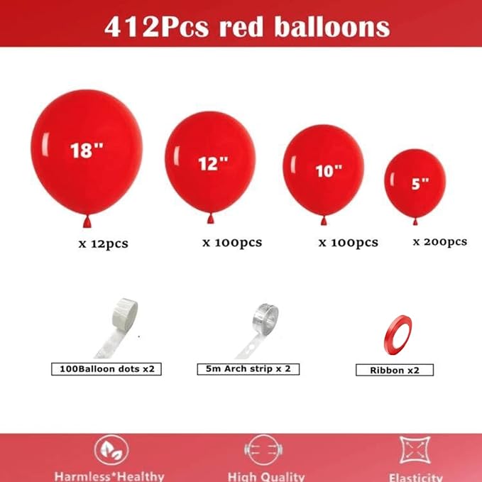 412pcs Red Balloons 18 12 10 5 Inch Red Balloon Garland Arch Kit Different Sizes Matte Latex Balloons for Baby Shower Birthday Wedding Party Decorations
