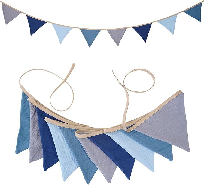 Garland Triangle Banners Blue and Grey, Pennant Banner Bunting Flags Fabric for Baby Shower Birthday Party Decorations Nursery Playroom Decor(Blue grey)
