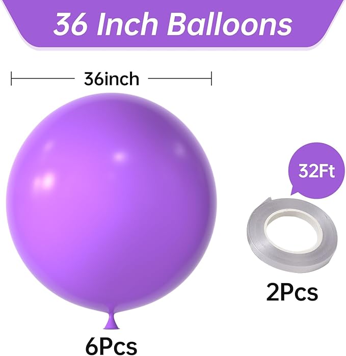 KALOR 36 Inch Giant Purple Balloons, 6 Pack Large Round Purple Latex Balloons for Anniversary, Birthday, Christmas, Wedding, Baby Shower Party Decorations