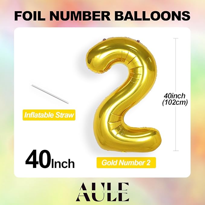 AULE 40 Inch Big Gold 2 Balloon Number Large Foil Helium Number Balloons 0-9 Jumbo Giant Happy 2nd Birthday Party Decorations for Boy or Girl Huge Mylar Anniversary Party Supplies