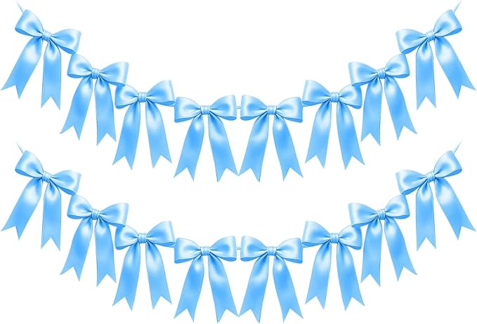 2 Strings of 16PCS Blue Bow Garlands Banner Decoration,Pre-Strung Satin Ribbon Ornaments for Birthday,Bachelorette Party,Bridal Shower,Wedding,Engagement,Baby Shower,Graduation Decor,Anniversary