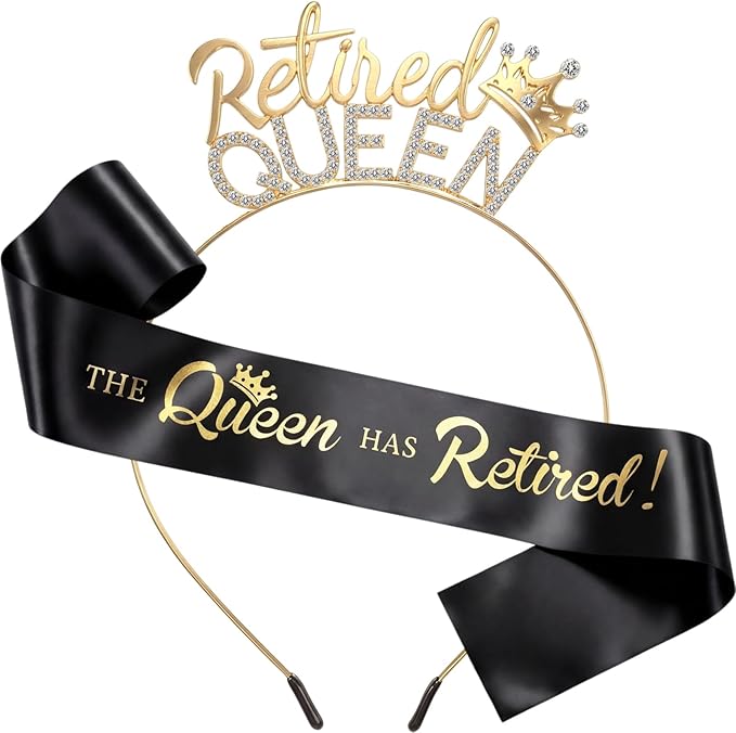 2 Pcs Retirement Party Decorations Retired Sash Retired Queen Tiara Crown for Women Retirement Gifts Black Sash and Gold Rhinestone Headband for Party Supplie, Gifts, Favors