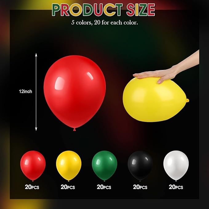 100 Pieces Juneteenth Day Latex Balloons Jamaica Rasta Reggae Red Green Yellow Black White Round Balloons for Black History Month 420 Party Freedom Day Party Favors