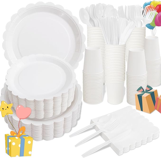LIYH 350 Pcs White Paper Plates and Napkins 50 Guest Party Supplies Include White Scalloped Disposable Paper Plates Cocktail Napkins Cups Cutlery for Baby Shower,Birthday