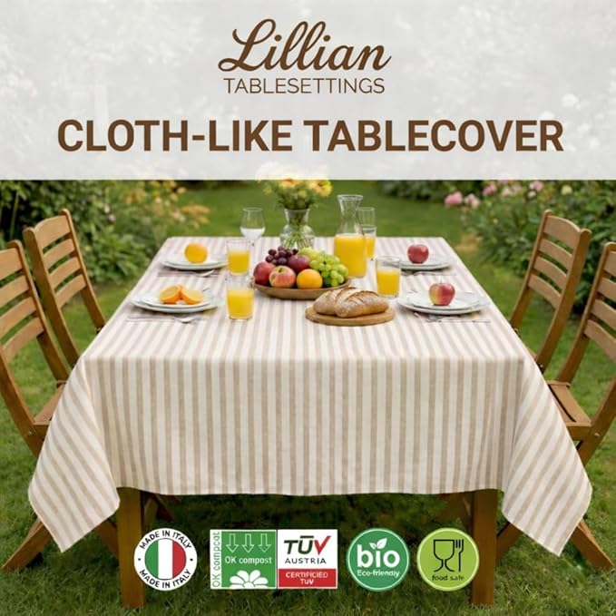 Party Dimensions Made in Italy Cloth-Like Disposable Tablecloth for Rectangle Tables, Premium Airlaid Linen-Feel Table Cover, Luxury Tablecloth for Parties, Events & Weddings, Elegant Striped Design
