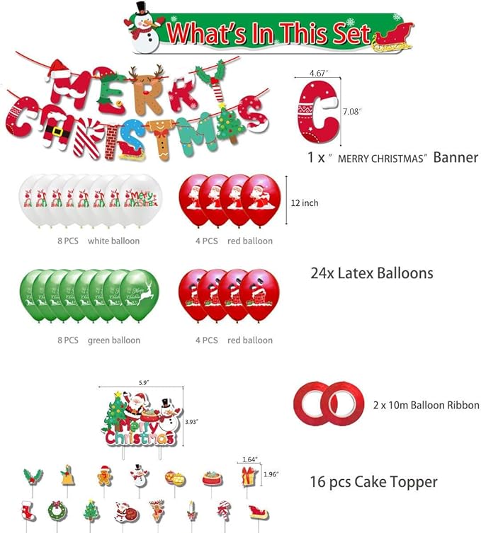 43pcs Christmas Party Decorations Merry Christmas Banner elk Ballons Snowman Santa Cake Topper for Xmas Decorations Indoor Home Decor