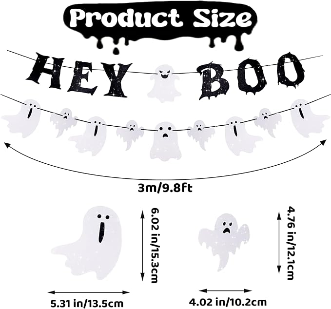 Ghost Banner Hey Boo Halloween Decorations, Pre-Strung Glitter Halloween Banner Indoor, Happy Ghost Boo Decorations for Mantle Wall Mantel Fireplace Office Home Props Supplies
