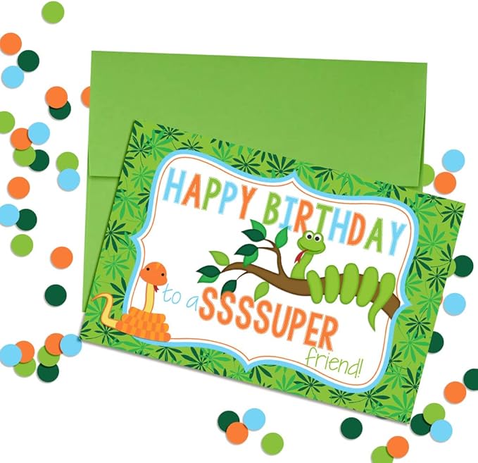 SssSSssUPER Friend Snake Themed Birthday Pun Themed Single (1) All Occasion Blank Birthday Card To Send To Friends & Family, 4"x 6" (when folded) Fill In Greeting Note Card by AmandaCreation