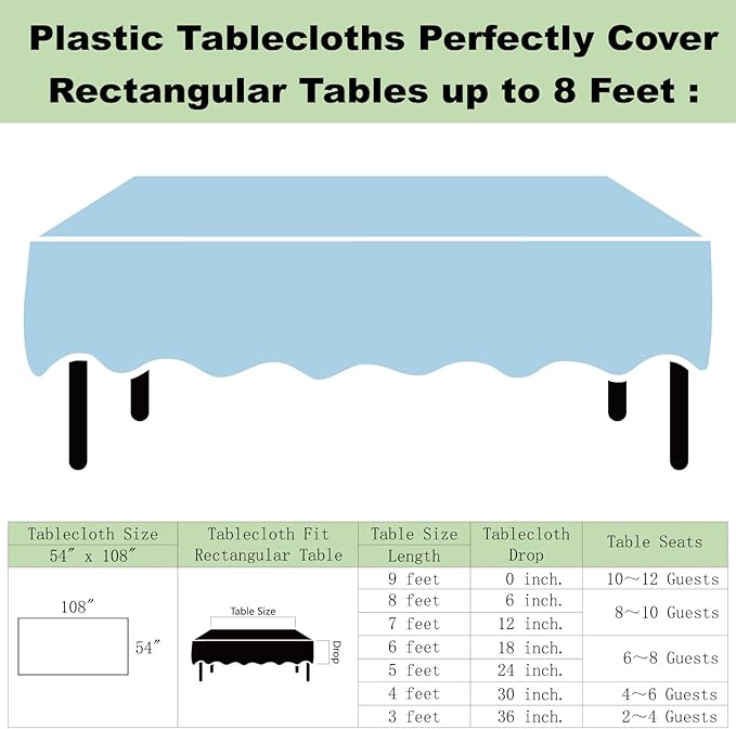 Plastic Light Sky Blue Tablecloths 3 Pack Disposable Table Covers 54" x 108" Powder lt Blue Table Cloths for Gender Reveal Parties Baby Shower Engagement Wedding, Fits 6 to 8 Foot Rectangle Tables