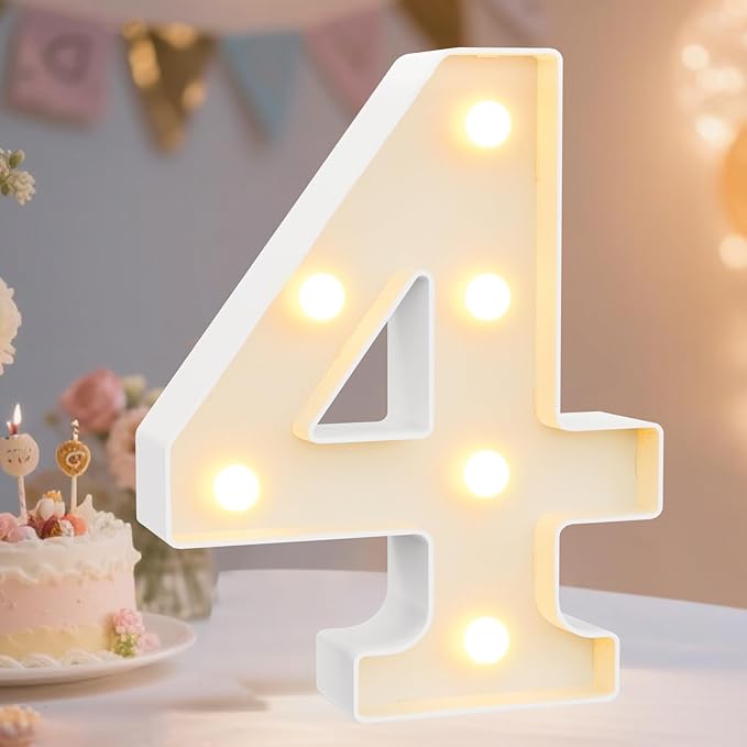 Pooqla Decorative LED Light Up Number Letters, White Plastic Marquee Lights Sign Party Wedding Decor, Battery Operated (4)
