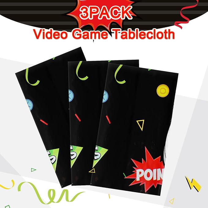 Tatuo 3 PCS Video Game Table Cover, Game Theme Birthday Decoration Plastic Table Cloth Party Supplies for Boys Girls Kids Player Geek Party Decorations, 54 x 108 Inch (Cool Black)