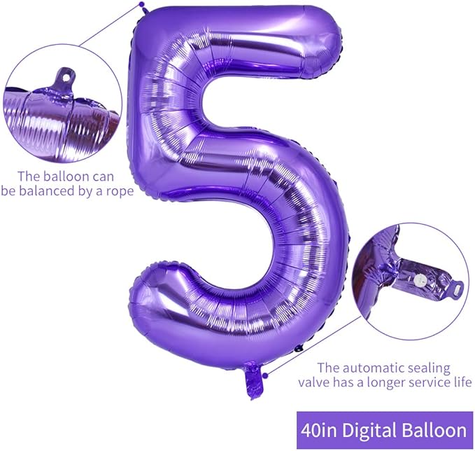 TONIFUL 40 Inch Purple Large Numbers Balloon 0-9 Birthday Party Decor,Foil Mylar Big Number Balloon Digital 5 for Birthday Party,Wedding, Bridal Shower Engagement Photo Shoot, Anniversary
