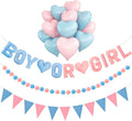 Gender Reveal Banner Set with Pre-Strung 3D Boy or Girl Felt Banner, Pom Pom Garland, Triangle Fabric Bunting, 12 PCS Pink Blue Heart Shaped Balloons, Baby Shower Decorations for Girls Boys Twins