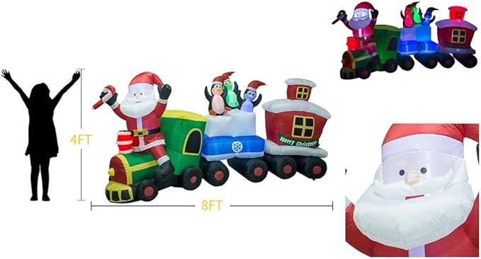 TRMESIA Christmas Inflatable Santa Train Decoration for Outdoor, 8ft Long Santa Claus Penguin Train Blow up Decoration with Flashing Lights Christmas Indoor Outdoor Yard Holiday Display Party Decor