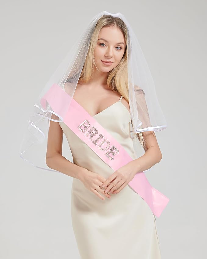 Bride To Be Sash and Bride Veil White for Bachelorette Party, Bach Party Favors Accessory, Bridal Vei and Sash Set