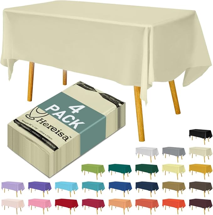 Disposable Plastic Tablecloth 54x108 Inch Rectangle - Ivory, 4 Pack Waterproof & Tear-Resistant Party Table Cover for Dining, Picnic, Crafts, Holiday Decor