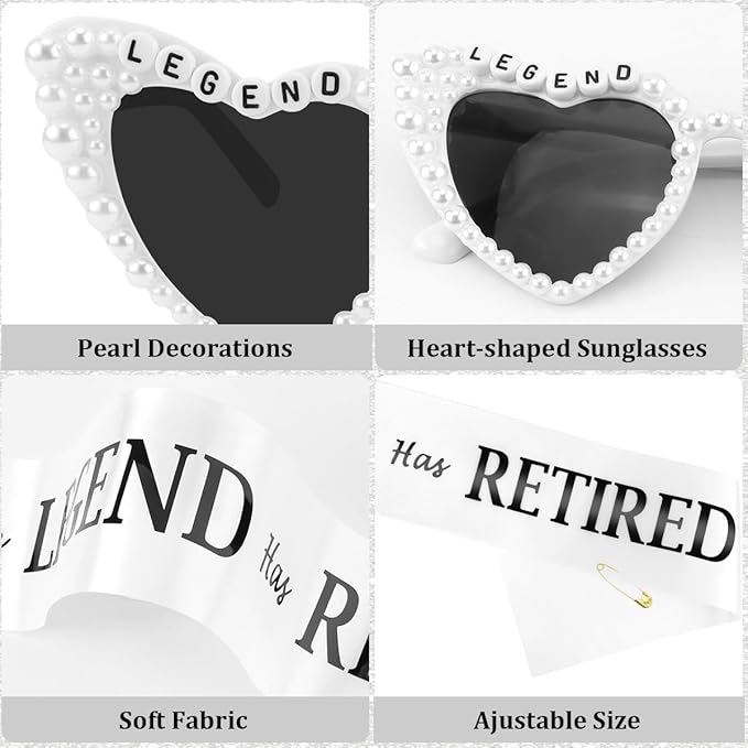 The Legend Has Retired Sash and Heart Sunglasses for Women Retirement Party Decorations Retirement Gifts for Women Party Supplies