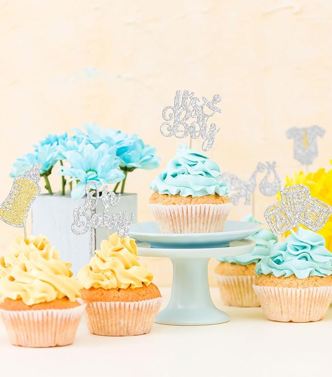 Gyufise 24Pcs Oh Baby Cupcake Toppers Glitter It's a Boy Cupcake Picks Tie Onesie Baby Bottle Baby Shower Cake Decorations for Gender Reveal Baby Shower Kids Boys Birthday Party Supplies Silver