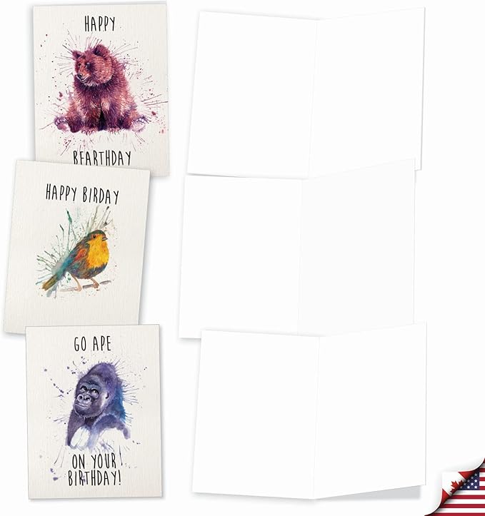 The Best Card Company - 10 Blank Happy Birthday Note Cards - Assorted Bulk Cute Humorous Animal Pun Birthday Greeting Cards Boxed Set (4 x 5.12 Inch) - Wildlife Expressions M2954BDB