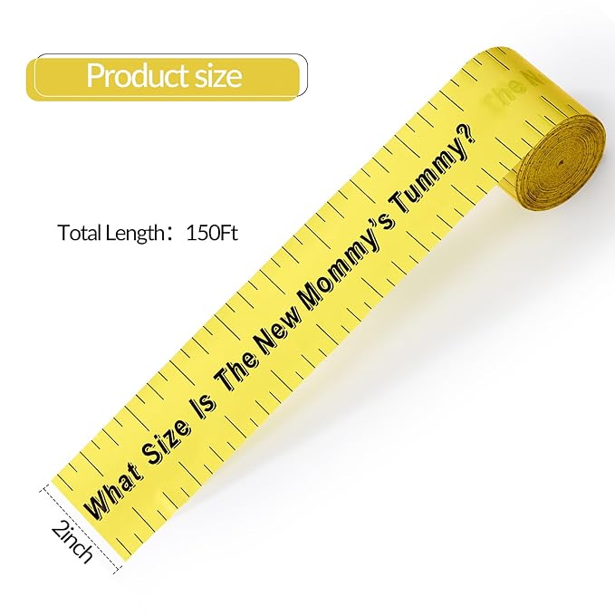 Sratte 2 Rolls 2 Inch x 150 Feet Baby Shower Measuring Tape Tummy Measure Belly Game Paper Belly Measuring Tape for Baby Shower Party Decorations Supplies (Yellow)