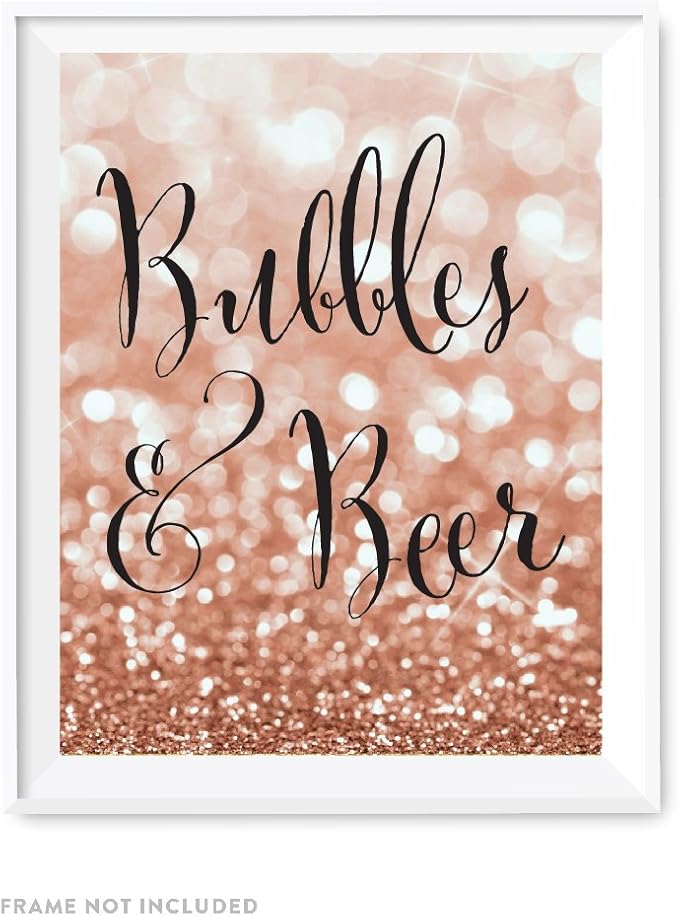 Andaz Press Wedding Party Signs, Glitzy Rose Gold Glitter, 8.5x11-inch, Bubbles and Beer, 1-Pack, Bokeh Colored Party Supplies