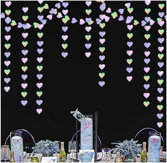 Iridescent Heart Garland Hanging Decorations, 52 Feet, Hanging Streamers Banner for Christmas Party, Wedding, Birthday Parties, Graduations Parties, Baby Showers, Valentines (Iridescent Heart)