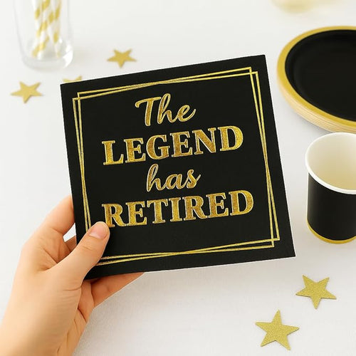 100‑Pack ‘The Legend Has Retired’ Black & Gold Napkins – 2‑Ply Cocktail, Lunch & Dinner Party Napkins – Elegant, Disposable Retirement Party Decoration – 6.5″ x 6.5″ Folded (Large, 100, Count)