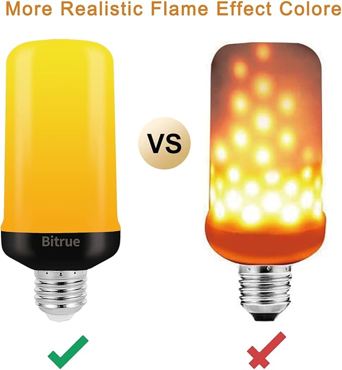 Bitrue LED Flame Effect Light Bulb, 4 Modes Flame Light Bulbs, E26 Base Fire Light Bulb with Gravity Sensor,Flickering Light Bulbs Halloween Home Party(4 Pack)
