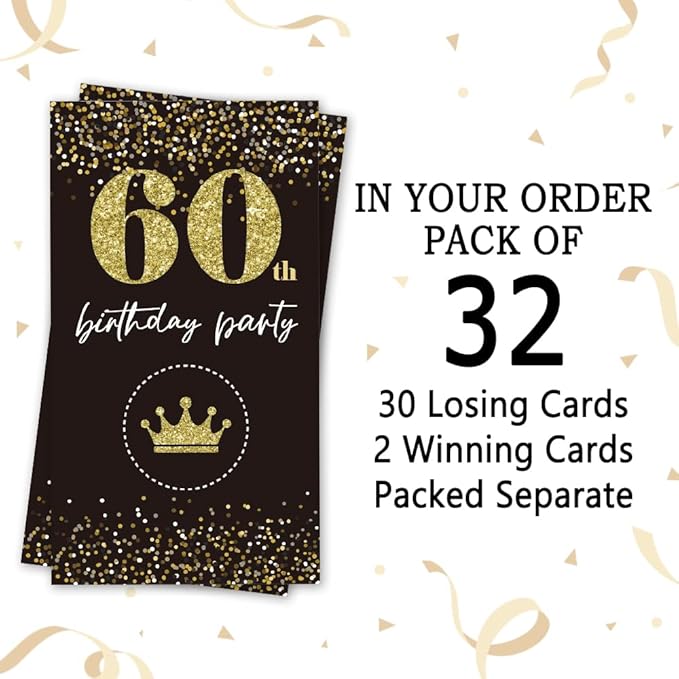 REWIDPARTY Black Gold 60th Birthday Party Scratch Off Game Cards, 32 Pieces, 3.6 x 2 x 0.5 in