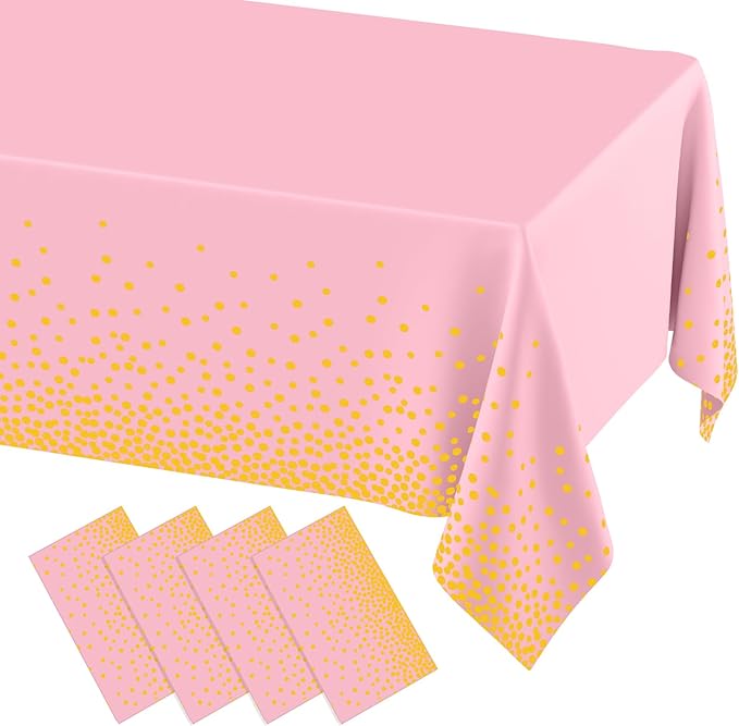 misaya 4 Packs Dot Disposable Table Cloth, 54 x 108 Inch Waterproof Plastic Tablecloth, Rectangle Gold Dots in Pink Table Covers for Easter, Picnic, Birthday, Party