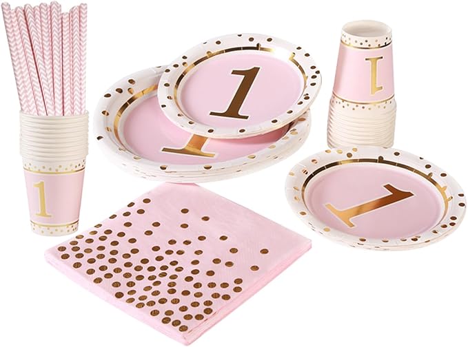 MaitianGuyou 100 Pcs 1st Party Supplies Kit, Birthday Party Plates Set - 9 & 7 Inch Paper Plates & Cups Straws for Parties, Holiday, Christmas, Baby Shower Decorations
