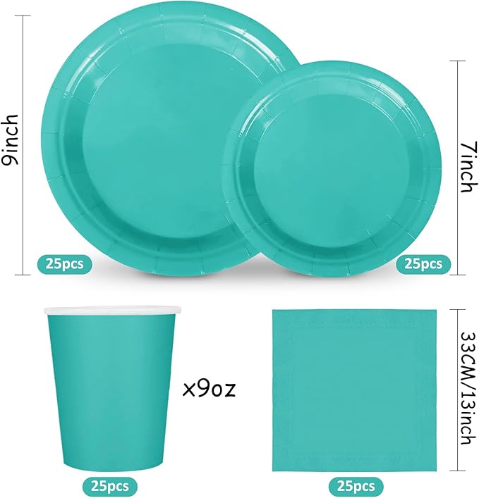 Whaline 100Pcs Teal Tableware Set Teal Blue Disposable Dinnerware 50Pcs Paper Plate 25Pcs Napkin 25Pcs Cup for Birthday Wedding Baby Shower Family Picnic Party Supplies Table Decor