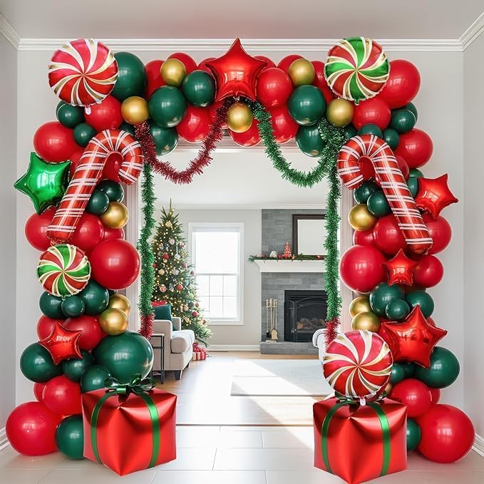 Christmas Party Decorations Include Forest green Red Gold Balloon & Candy Cane Lollipop 4D square and foil strips Balloons for 2026 New Year friendsmas Xmas Holidays Party Decorations