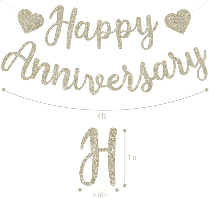 BEISHIDA Champagne Gold Happy Anniversary Banner, Pre-Strung - Glitter Happy Anniversary Banner,NO DIY - Glitter Garland Sign for Wedding Engagement Party Decorations & Decor