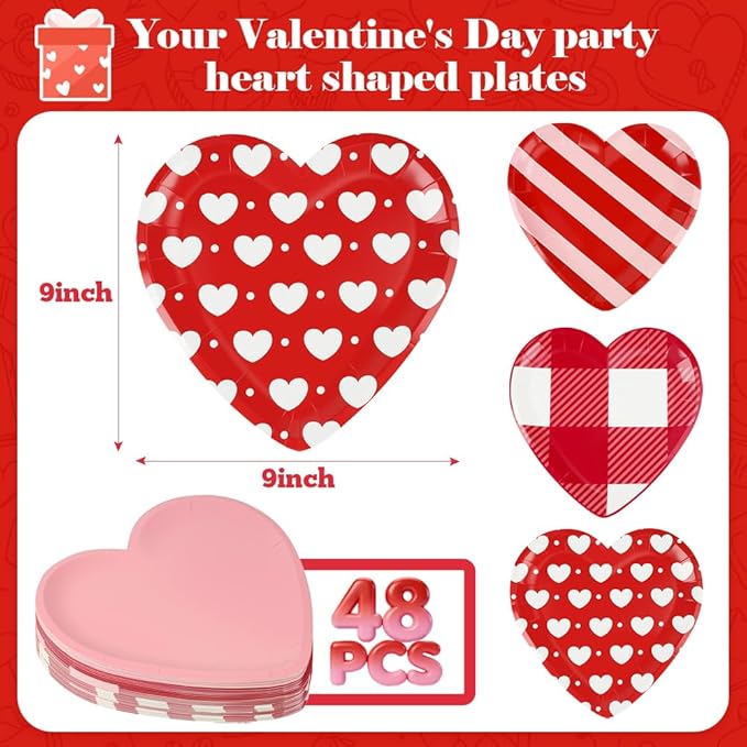 48 Pack 9 Inch Heart Shaped Paper Plates for Mother's Day & Valentine’s Day, Disposable Pink & Red Party Plates, 4 Designs for Wedding, Anniversary, Galentine’s Day Party Supplies