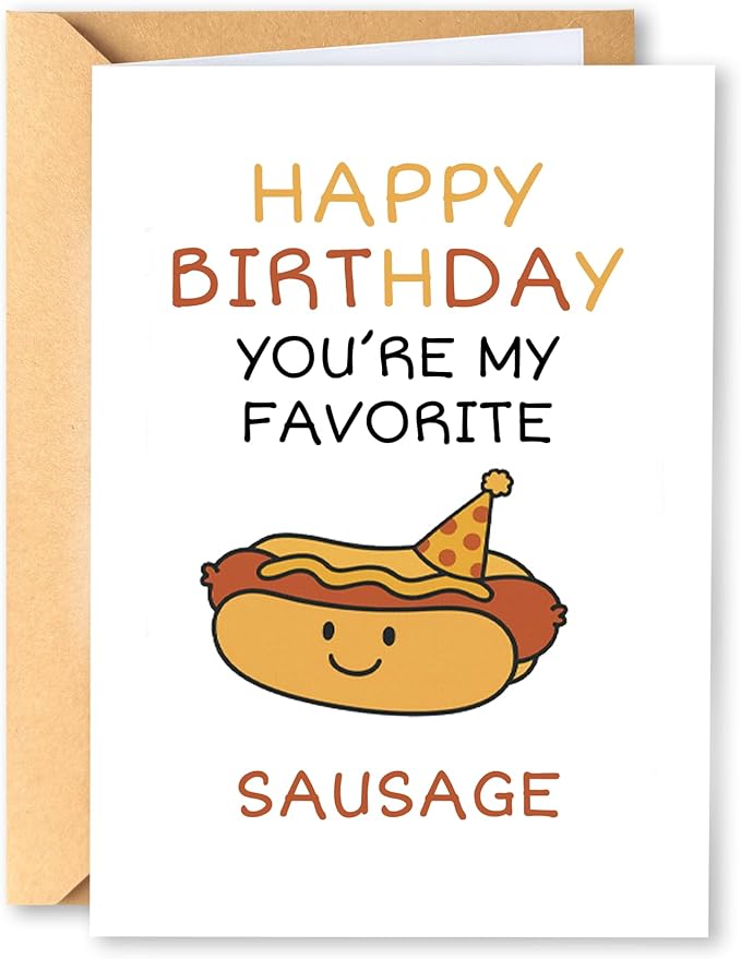 KINGNAME Funny Cute Birthday Card for Him, Hot Dog Pun Card, Favorite Sausage Cute Food Pun for Boyfriend Husband Partner