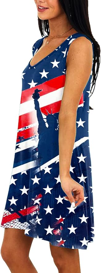 Deerose Women 4th of July Sleeeveless Dress Patriotic V Neck Tank Dresses with Pockets