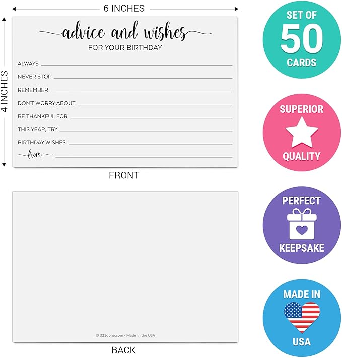 321Done Birthday Wishes and Advice (50) 4x6" White Cards - Good Advice, Best Wishes, Memories Cards - Bday Party Idea Activity - Sweet 16, 30th, 40th, 50th - Fun Ad Lib Prompts - Made in USA