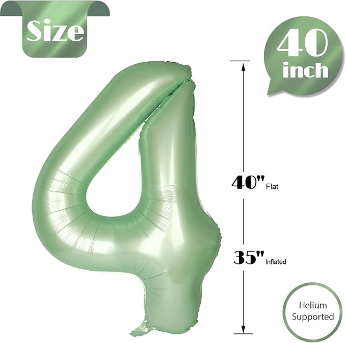 Sage Green Number 4 Balloon 40 Inch, 4 Balloon Number, 4th Birthday Decorations, Oliver Green Party Supplies for Boys Girls