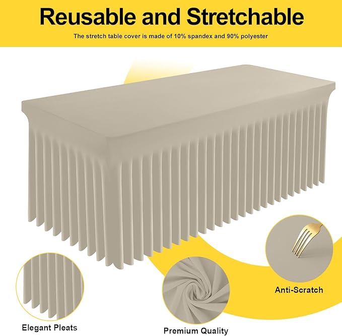 Smiry Spandex Tablecloth, Elastic Fitted Stretch Tablecloth for 8FT Rectangle Tables, Waterproof Washable Table Cover Skirt for Outdoor, Wedding, Banquet & Parties (Taupe, 96Lx30Wx30H Inch)