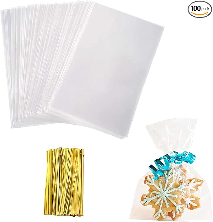 Yotelab Cellophane Treat Bags, Small 4x6 Inches Cellophane Bags With Twist Ties,100 Pcs