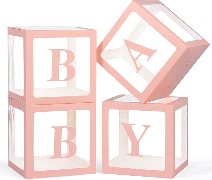 Baby Boxes with Letters for Baby Shower, 4 Transparent Balloon Boxes with Letters for Gender Reveal Birthday Wedding Baby Shower Decorations (Pink)