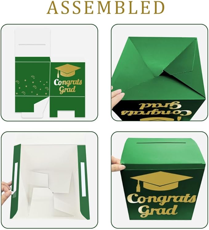 Graduation Card Box Holder, Congrats Grad Foldable Cardboard Decorations Box for Graduation Party Decoration and Grad Parties (Green)