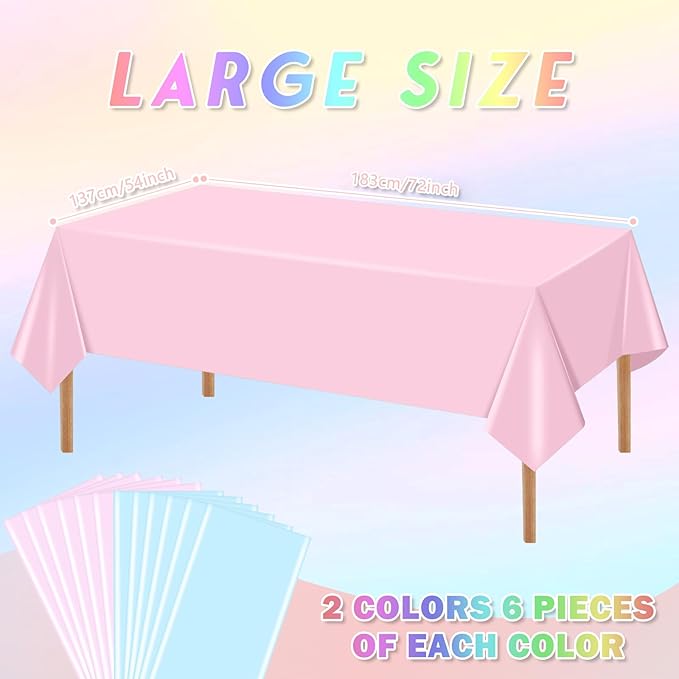 Mwellewm 12 Packs Gender Reveal Table Cloths, Disposable Plastic Pink and Blue Tablecloth Rectangle Pastel Table Covers Decoration for Boy or Girl Baby Shower Birthday Party Unicorn Princess Ice Cream