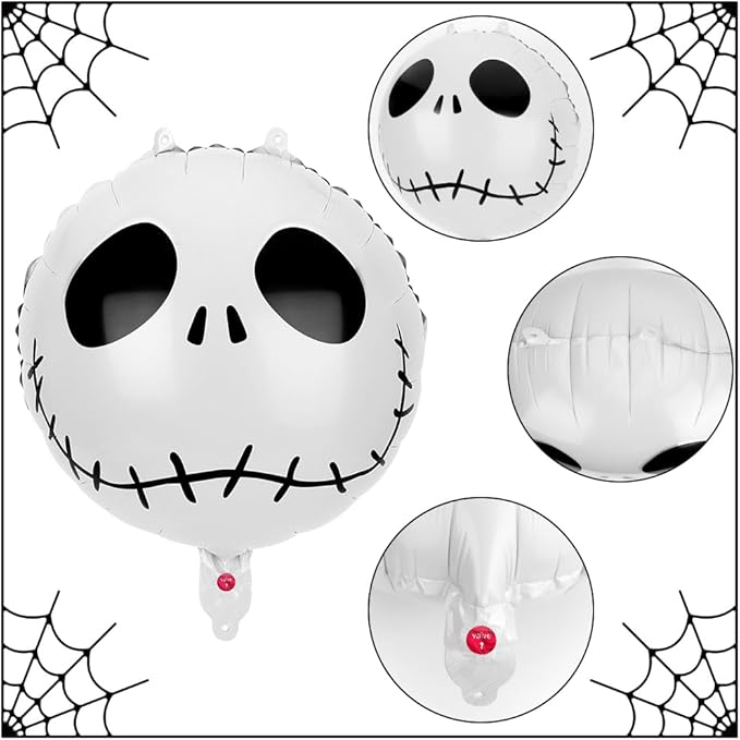 12 PCS Halloween Skull Foil Black and White Striped Balloons(18 Inch) Nightmare Honor Theme Birthday Party Decorations Spooky Ghost Skeleton Cat Baby Shower Day of The Dead Indoor Outdoor Decor